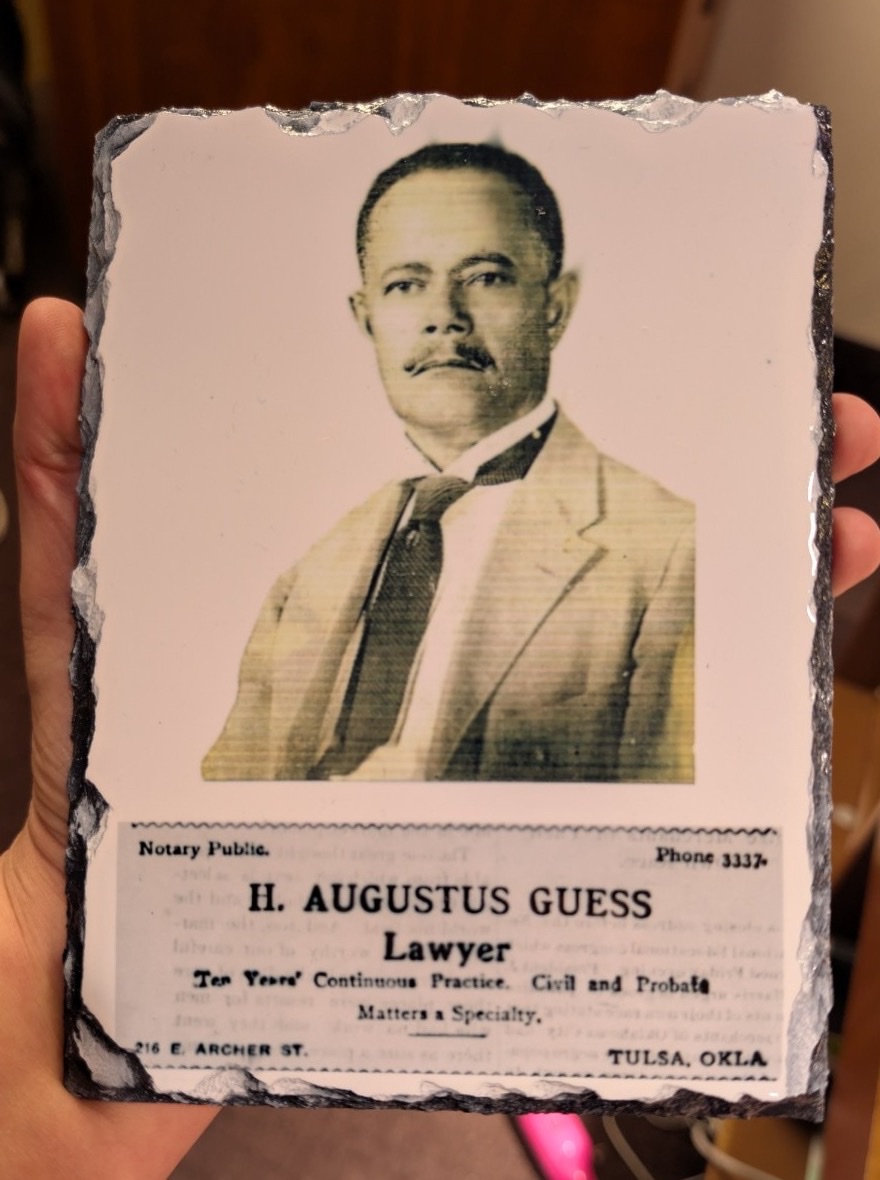 Portrait of H. Augustus Guess above his newspaper advertisement reading “H. AUGUSTUS GUESS, Lawyer — Ten Years' Continuous Practice. Civil and Probate Matters a Specialty. 216 E. Archer St., Tulsa, Okla.”