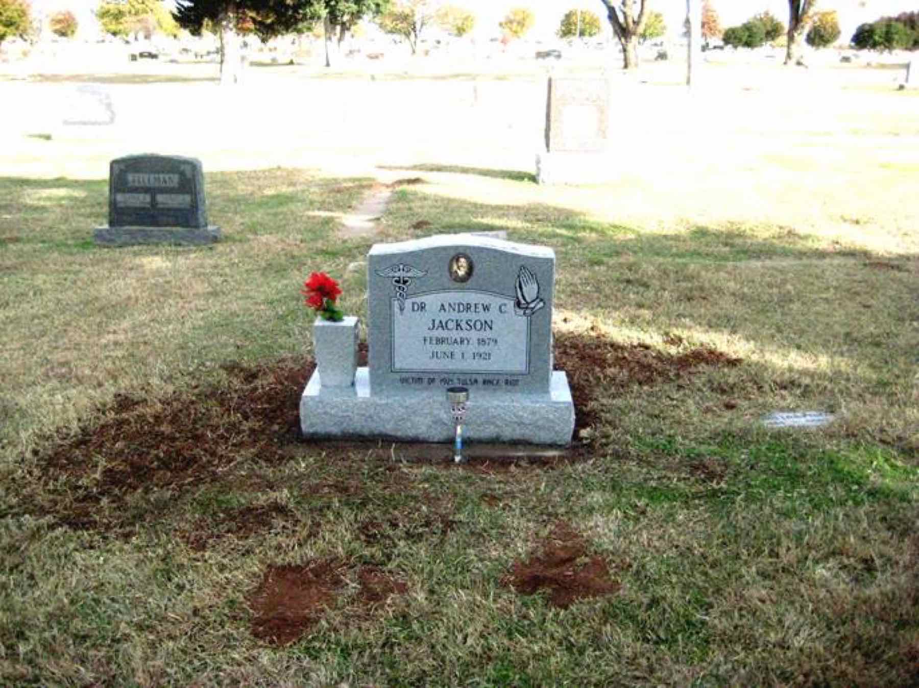The completed grave at Summit View Cemetery, Guthrie — Dr. Jackson practiced in Guthrie after receiving his 1904 medical license, and was buried there in a family plot following the massacre