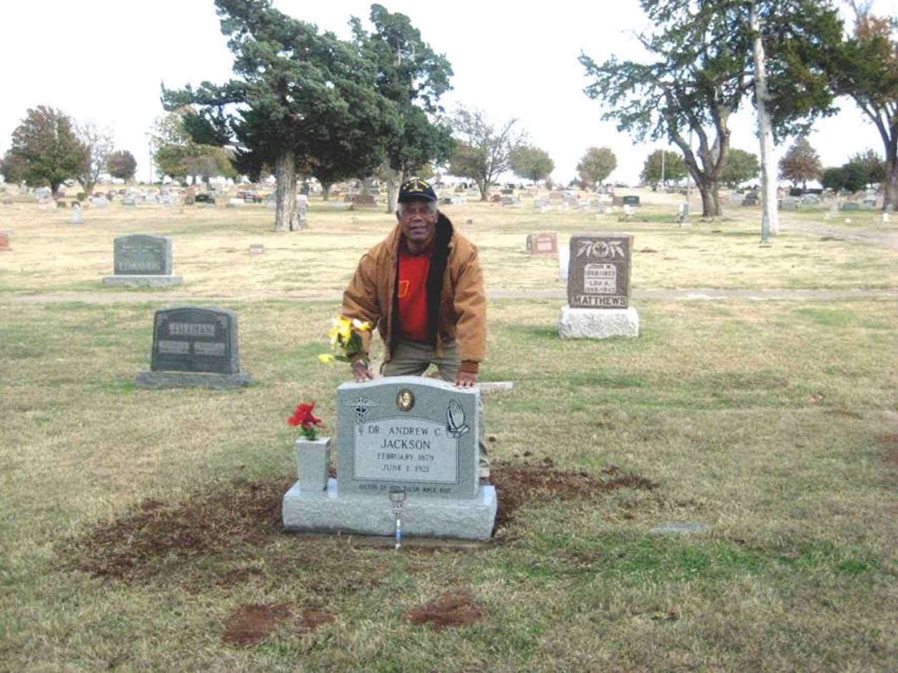Jack Adams at his great-uncle's newly marked grave, Summit View Cemetery, Guthrie, Oklahoma