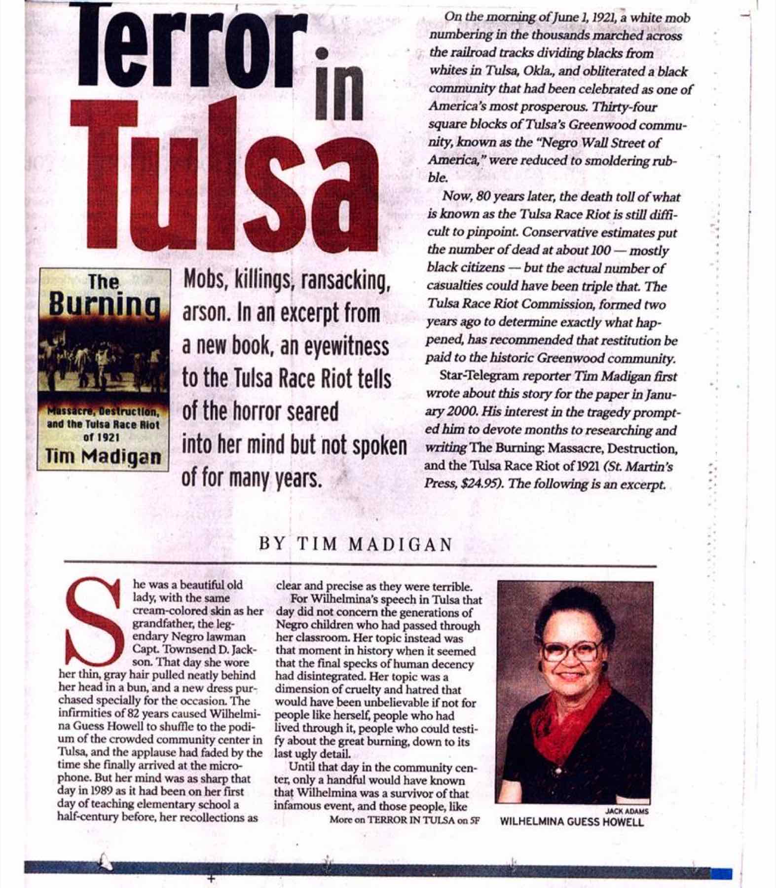 'Terror in Tulsa' by Tim Madigan — Fort Worth Star-Telegram excerpt from 'The Burning: Massacre, Destruction, and the Tulsa Race Riot of 1921,' featuring eyewitness Wilhelmina Guess Howell, granddaughter of 'the legendary Negro lawman Capt. Townsend D. Jackson' and niece of Dr. A. C. Jackson
